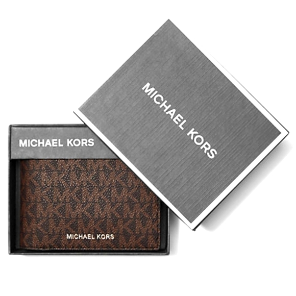 MICHAEL KORS Men's Logo Jet Set Brown Leather Slim Bi-Fold Wallet NWT